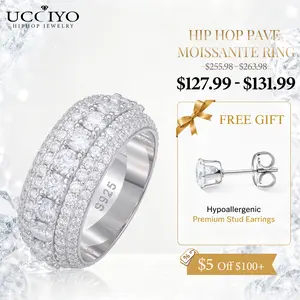UCCIYO Iced Out Lab-Created Moissanite Rings For Men Hip Hop Pave Setting S925 Sterling Silver Rings Hip Hop Jewelry FallFreshness summerwins【#R60 】