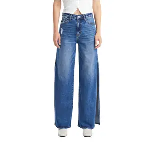 Vogatiques High Rise Wide Leg Jeans with High Side Slit BYW8037 Stretchy Distressed Denim Pants