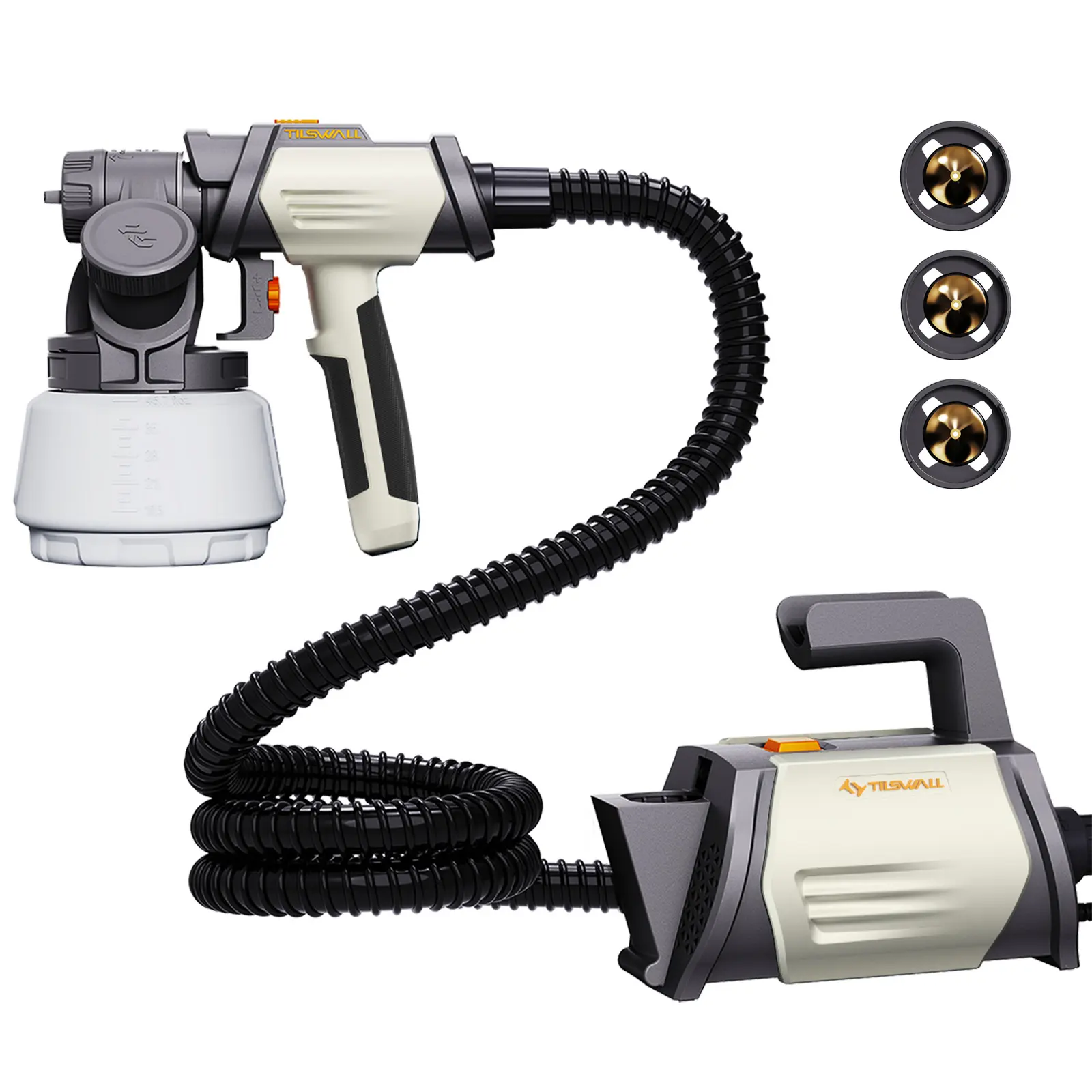 Tilswall Shark 800 HVLP Paint Sprayer, 1000W Sprayer with 1300ml Large Container, 4 Brass Nozzles & 3 Pattern High power, pure copper nozzle, fine atomization, fully adjustable, easy refilling.s for Home, Fence, Wall Painting Power