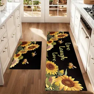 2Pcs Sunflower Watercolor Floor Mat Set Black Background Printed Carpet Farmhouse Anti Fatigue Kitchen Carpet Non Slip Washable Kitchen Restaurant Floor Sink Laundry Room Decoration Carpet Mat Kitchen Runner Rug