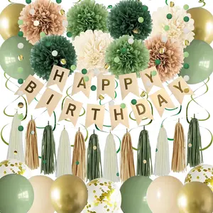 Green Birthday Party Decorations, 1 Set Mixed Color Balloon Set with Banner, Tissue Paper Pompoms, Paper Tassel, Circle Garland, Paper Chain Garland, Hanging Swirl, Party Supplies for Home School Dormitory Office