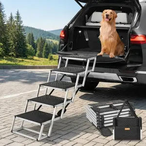 5-Step Folding Dog Steps with Non-Slip Surface ，Heavy-Duty Dog Car Steps, Non-Slip Aluminum Dog Ramp, Portable Pet Ladder with Carry Bag