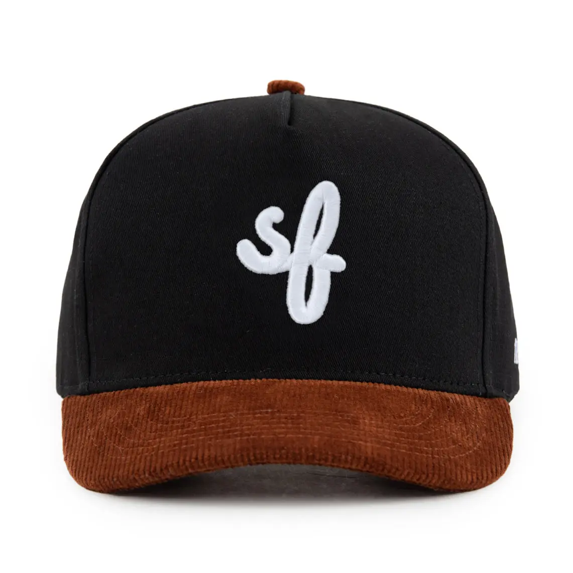 SF San Francisco Cursive A-Frame Snapback Hat (Black / Brown Corduroy) [Extended High-Profile Fit]