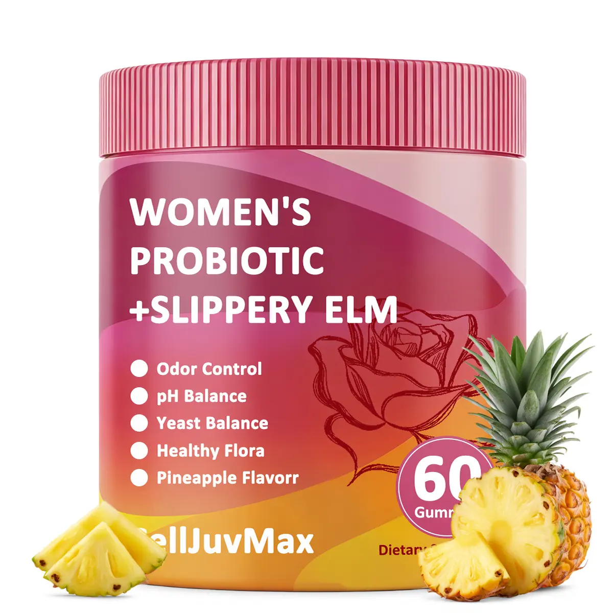 Feminine Probiotics Gummies-   Solution with Slippery Elm and Prebiotics&Lactobacillus Probiotic Blend for Women’s pH Balance and Dryness - Hawaiian Pineapple Gummies 60 Count probiotics women