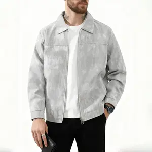 Men's Spring and Autumn Lightweight Jacket American Retro Casual Coat with Tie-Dye Print Zipper Closure Light Gray/Black/Bean Green Machine Washable for Daily Leisure Work and Formal Occasions