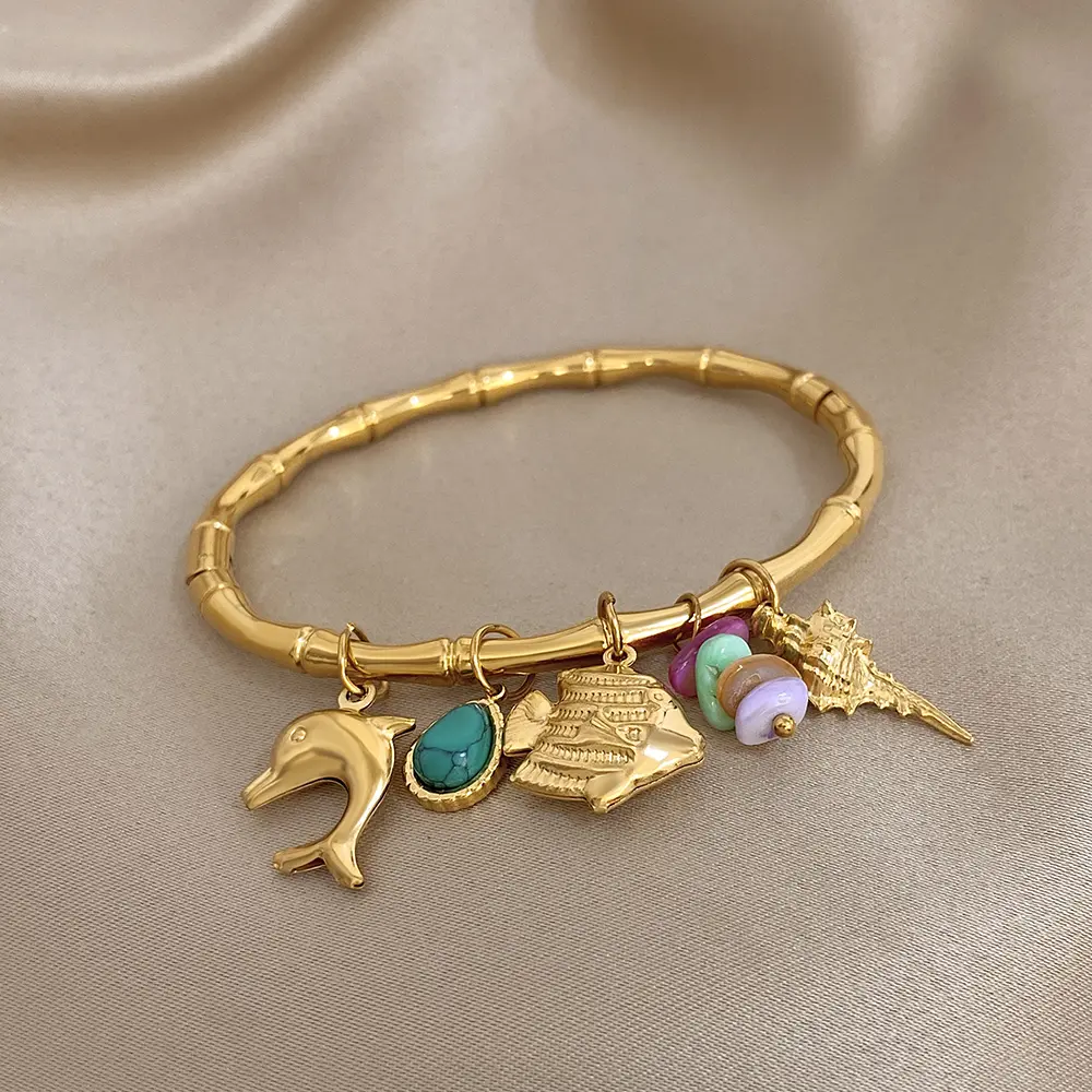 Ocean Charm Bracelet for Women, 18K Gold Plated Bamboo Bangle with Dolphin, Shell & Fish Pendants, Boho Beach Mermaidcore Jewelry for Summer Vacation Gift backtoschool