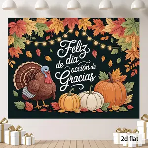 1pc 2D Flat Thanksgiving Banner - Fall Decoration with Turkey, Pumpkins, Autumn Leaves & Spanish Happy Thanksgiving Phrase - Heavy-Duty Polyester Fabric Backdrop for Party Decor, Photo Booth Prop Ornaments White