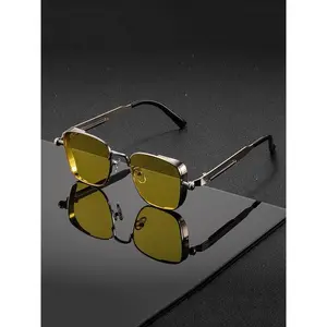 Men's Vintage Rectangular Polarized Sunglasses with Industrial Metal Frame Flexible Engraved Hinges Retro Aesthetic Decorative Lenses for All-Season Use