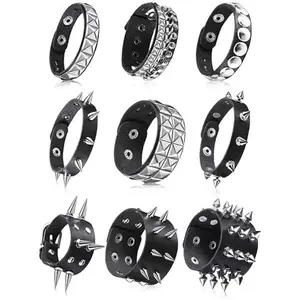 9PCS Spiked Studded Bracelet Black Leather Rivet Punk Bracelet Y2k Cuff Wrap Bangle Snap Button Wristband Men Women