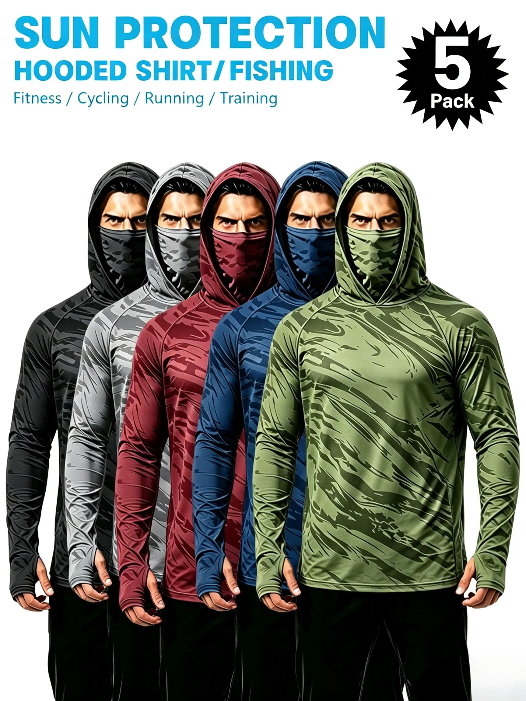 Men's 5-Pack Performance Hoodie Shirt with Built-in Face Mask - Moisture-Wicking Breathable Long Sleeve Sun Protection Athletic Gear for Gym, Running, Fishing & Outdoor Sports