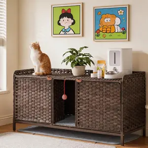 Garvee Upgraded 47.2" | Brown Rattan Litter Box Enclosure, Double Space for 2 Cats, Comes with Litter Mats, Play Ball & 2 Hooks, Multi-functional Hidden Pet House for Living Room & Bedroom