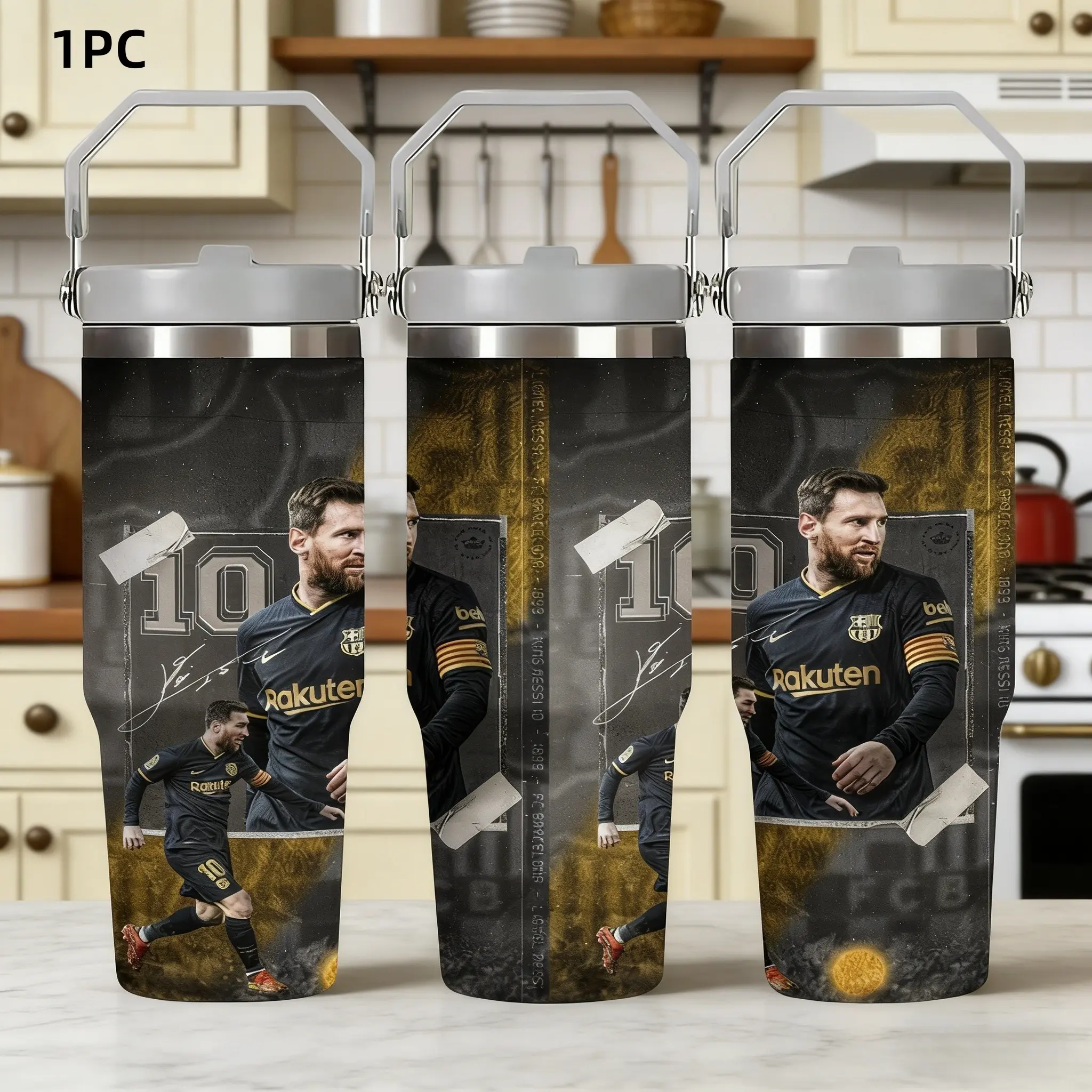 1pc 30oz Stainless Steel Insulated Mug, Vacuum Insulated Tumbler, Soccer Tumbler, Thermal Cup, Barcelona Fan's Edition, Featuring a retro Messi #10 design, large-capacity sports mug for outdoor and indoor use, personalized gift for football fans