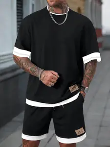 Men's Plus Size Oversized 2-Piece Set, Color Block Streetwear, Breathable Summer Casual T-Shirt & Shorts Outfit, Perfect for Fitness, Gym, Skateboarding, Daily Wear & Gift for Him