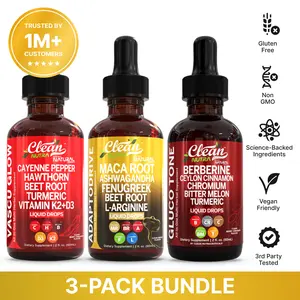 Clean Nutra Metabo Energy Stack Bundle Liquid Drops | Circulation & Performance Support [Vascu Glow + AdaptoDrive + Gluco Tone]