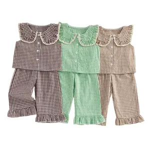 Toddler Baby Little Girls Summer Outfits Sleeveless Doll Collar Plaid Print Vest Tops and Elastic Waist Pants Set 1-5 Years