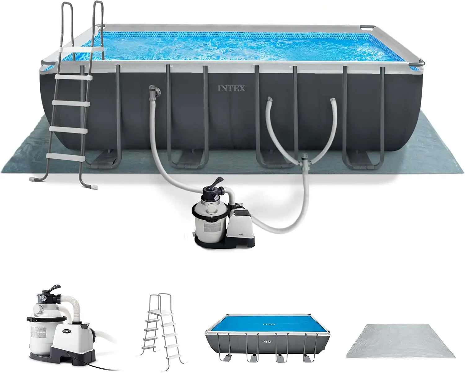 KOGRJHNHIOVTGINTEX Ultra XTR 18ft x 9ft x 52in Above Ground Swimming Pool Set Bundle | 26355EH - 1500 GPH Sand Filter Pump, Ladder & Ground Cloth with Solar Pool Cover IncludedDFG BG
