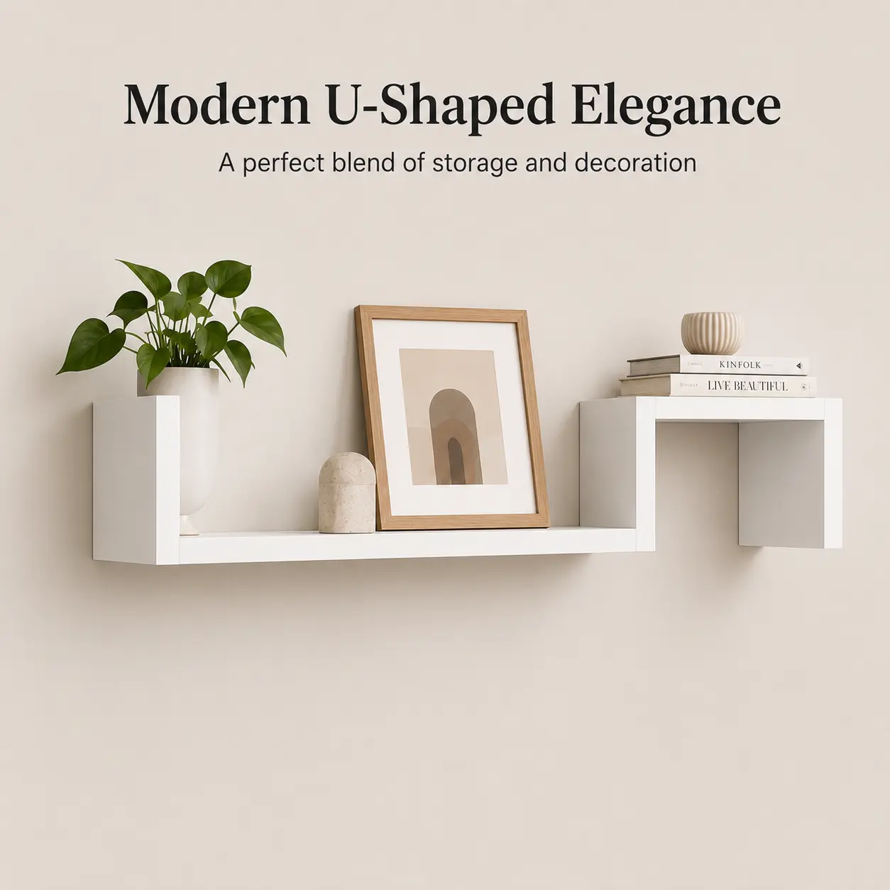 White Geometric Floating Wall Storage Shelf Set - Lightweight U-Shaped Wall-Mounted Organizer, Shelves for Storage, Space Saver, Easy Installation for Bedroom, Living Room Decor, Books, Plants, Photos