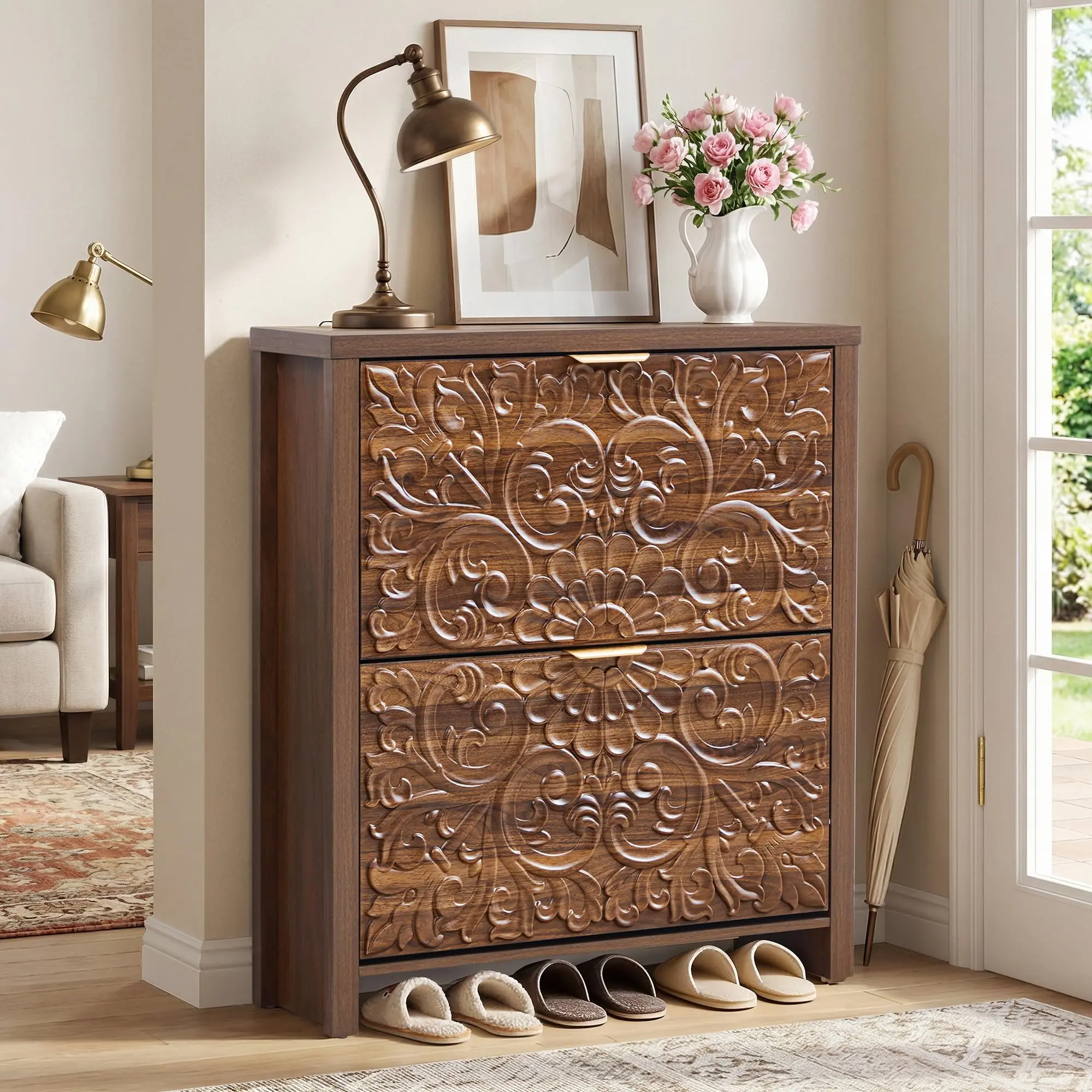 Giratree Shoe Cabinet with Flip Drawers, Narrow Shoe Storage Cabinet, 2-Tier Hidden Shoe Organizer with Carved Floral for Entryway, Mid-Century Modern Slim Shoes Storage for Hallway Foyer