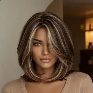 SMILCO/14Inch Highlight White with Brown 6*0.5 Small Lace Front Short Straight Synthetic Wig/SM459