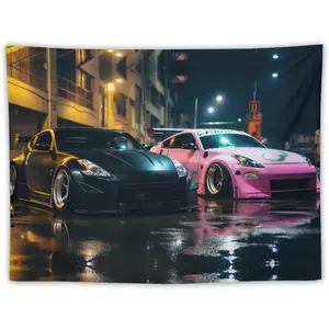 Peach Velvet Tapestry - JDM 370Z Car Print Single-Side Decorative Wall Hanging, Black and Pink Japan Rainy Season Street Parking Design, Multi-Size Hand Washable Home Decor, Valentine's Gift for Boyfriend