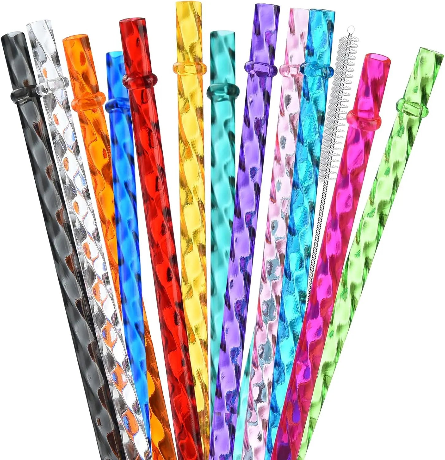Reusable Hard Plastic Swirl Straws, 12-Pack 11 in Tumbler Replacement Straws with Cleaning Brush, Compatible with 16/20/30 oz Tumblers, Straw