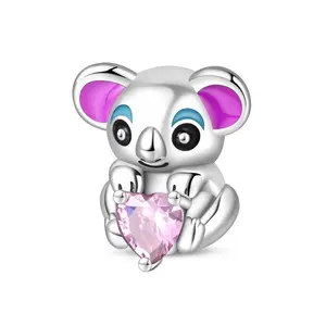925 Sterling Silver Charm Pink Heart Koala Bear Beads For European Bracelets