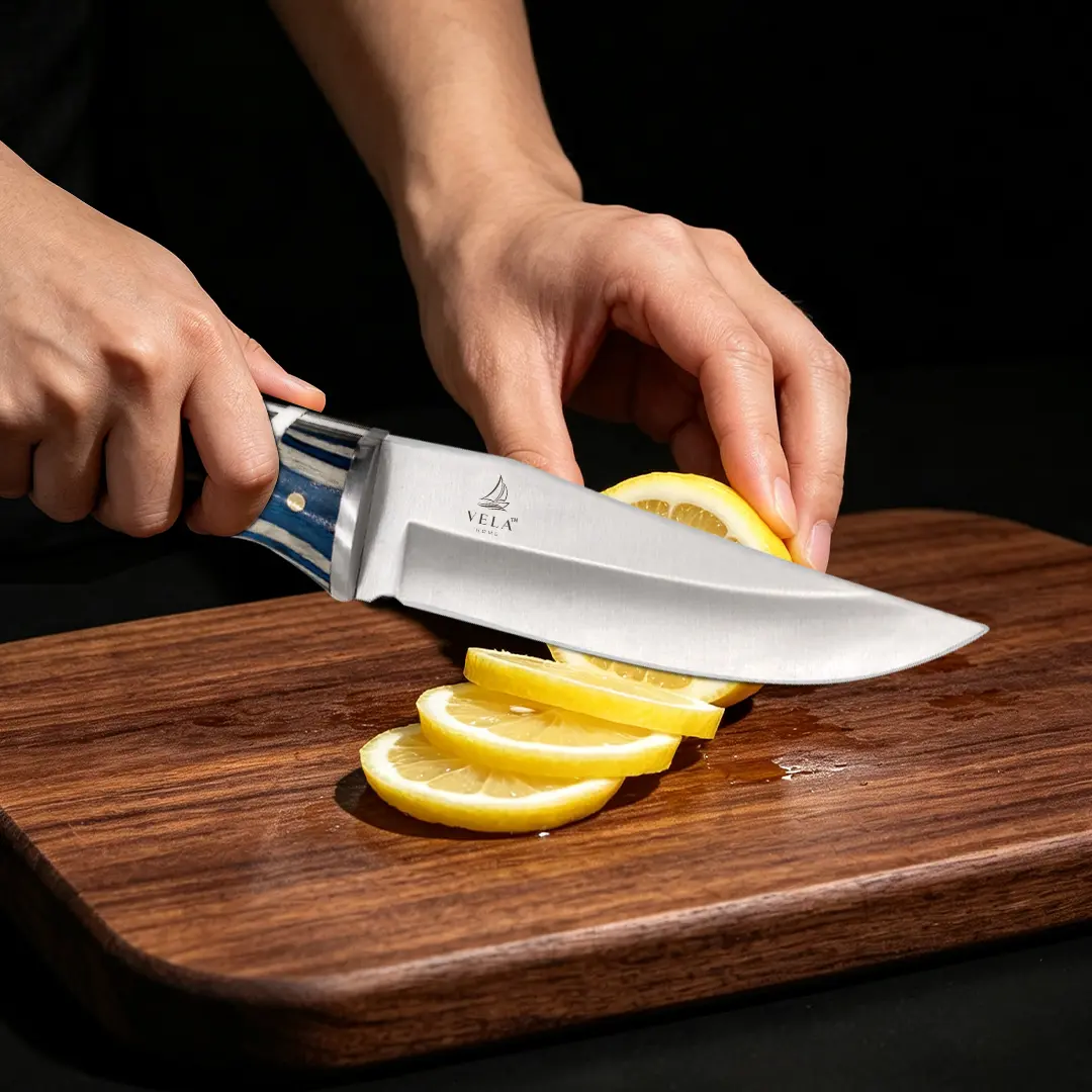 Professional Multi-Purpose Kitchen Butcher Knife - Sharp Long-Lasting Blade, Comfortable Curved Blue Wooden Handle, Ideal for Home Cooking & Daily Food Prep, Ideal for camping & hiking