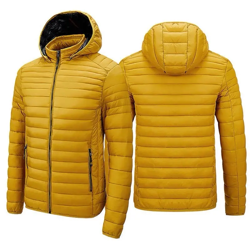 Mens Duck Down Jacket Yellow Winter Ultralight Coat with Hood Long Sleeve Nylon Casual Style for Outdoor Use Black Hoodie