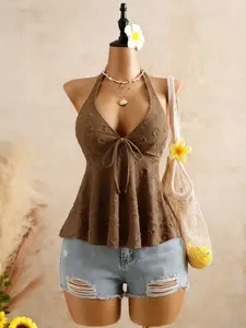 Women's Solid Color Textured Halter Top, V Neck Tie Front Ruffle Hem, Summer Beach Vacation Strapless Blouse, Casual Feminine Fashion