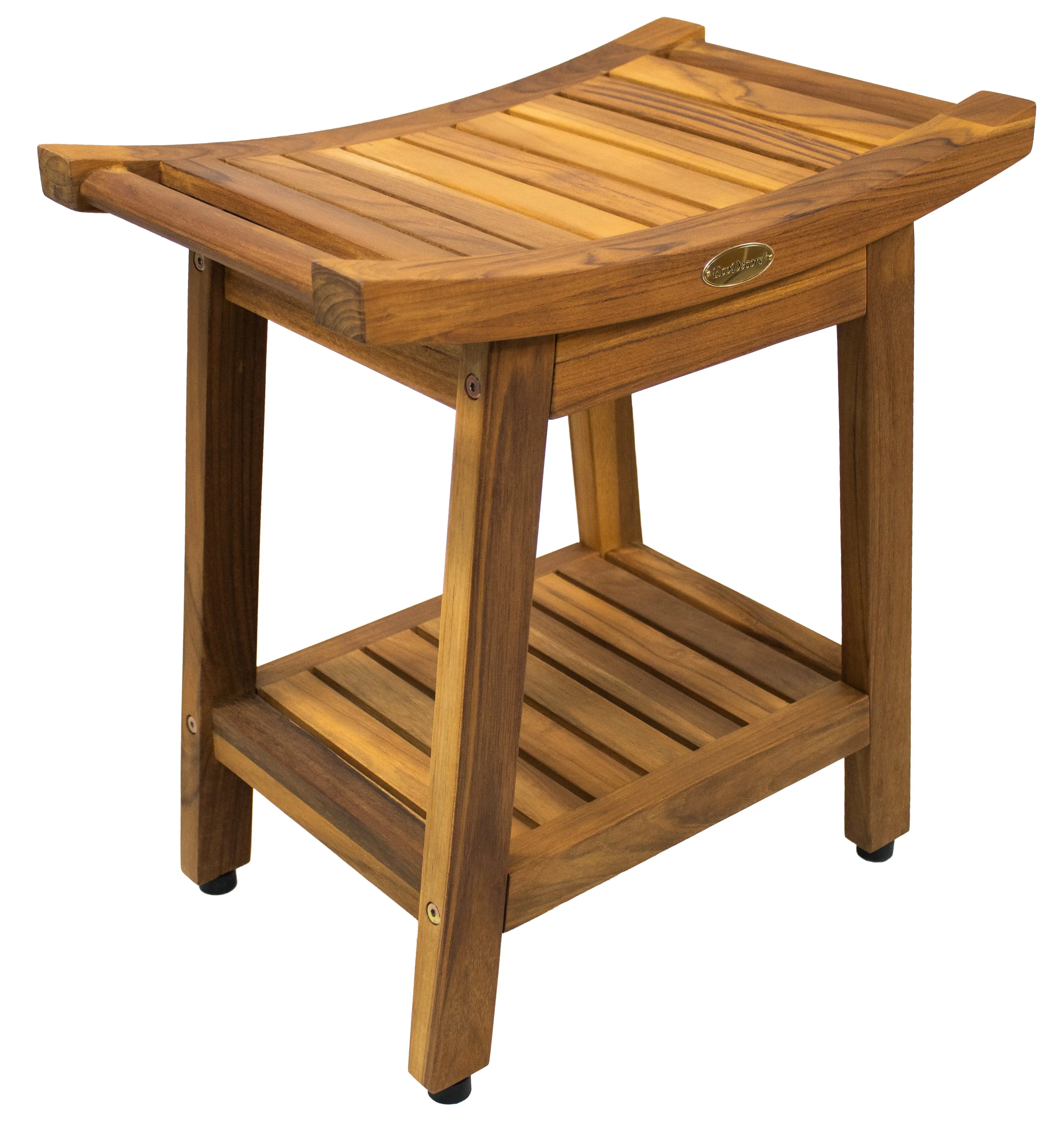 EcoDecors Harmony Gold 18" Teak Wood Shower Bench with Shelf in Earthy Teak Finish