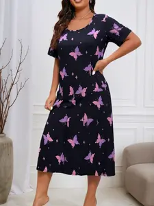 Plus Size, Fit Butterfly Print Nightdress, Casual Comfortable Loose Round Neck Short Sleeve Lightweight Sleepwear, All Seasons Women's Pajamas & Homewear, Loungewear, Soft Comfortable Sleepwear, Valentine's Day Gift, Piece, Womenswear