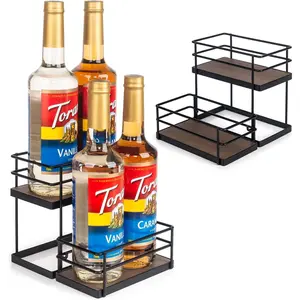 4 Bottle Capacity 2 Tier Coffee Syrup Organizer Stand Shelf, Small Wine Rack for Coffee Bar Kitchen, Ideal for Home Bar Family Storage of Syrup Wine Dressing