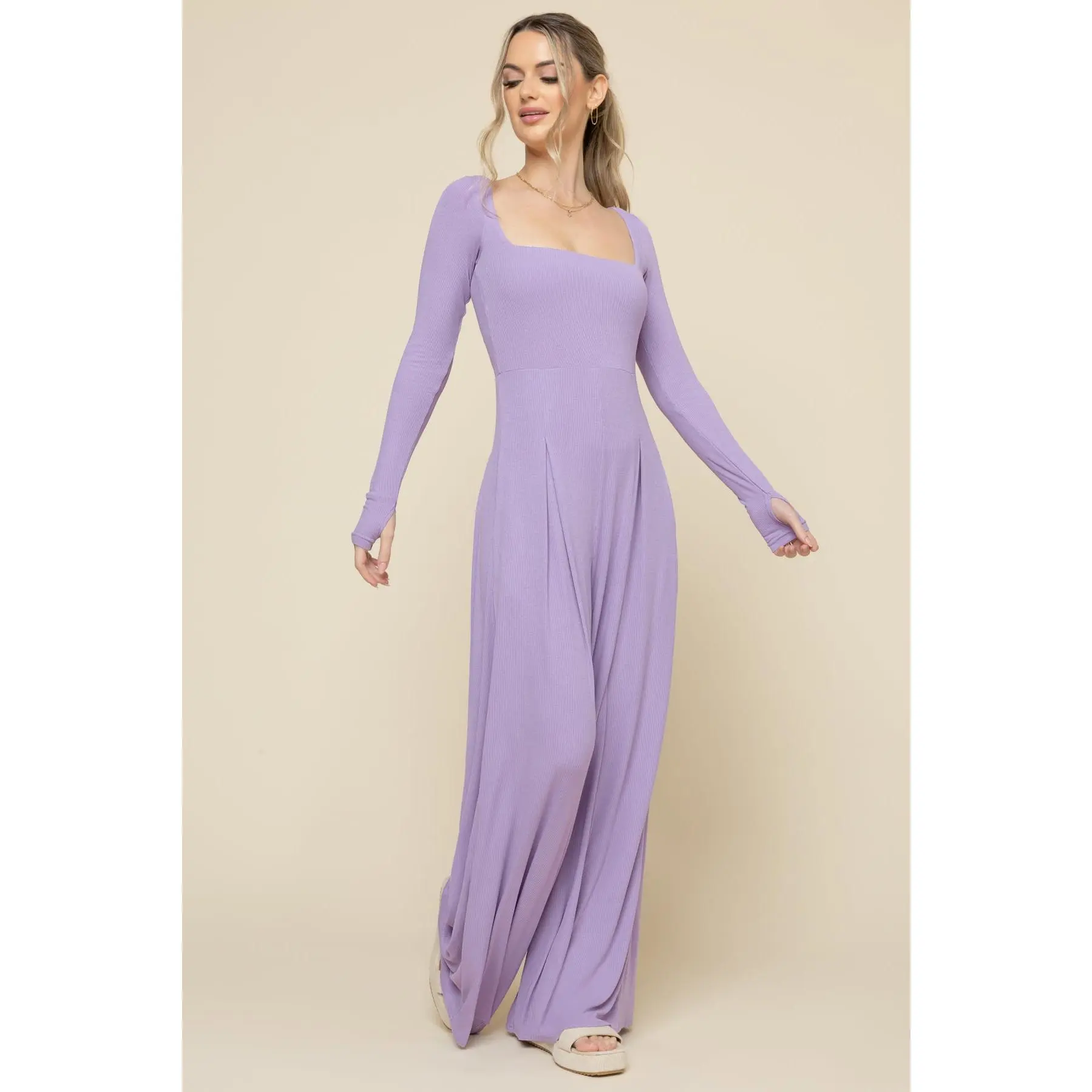 Go With The Flow Long Sleeve Jumpsuit - Lavender Haze