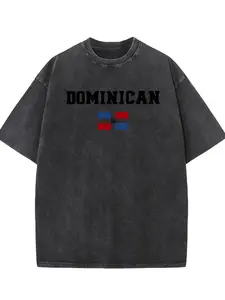Men's Dominican Flag Graphic Print T-Shirt - 230g Heavyweight Washed Cotton, Regular Fit Round Neck Casual Short Sleeve Tee for Summer, Sports, Beach & Festive Occasions