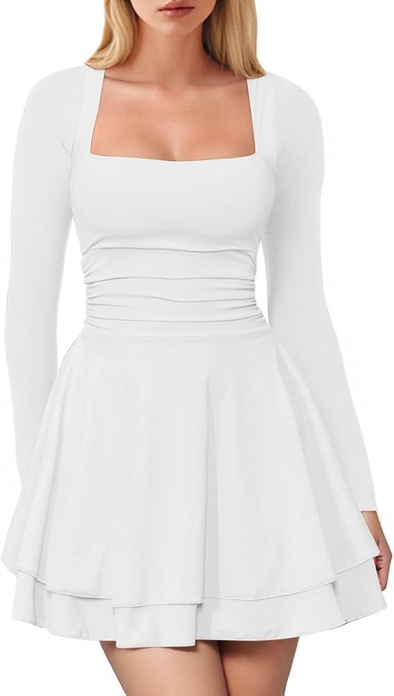 Women's Square Neck Ruffle Hem Mini Dress Ruched Waist Long Sleeve Corset Short Party DressesWomen's Square Neck Ruffle Hem Mini Dress Ruched Waist Long Sleeve Corset Short Party Dresses