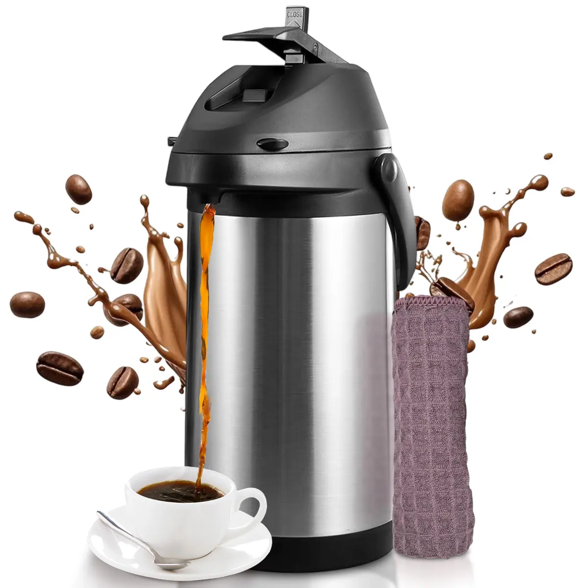 Thermal Coffee Carafe 1.9/4L with Lever Action Pump, Stainless Steel Design, Includes Cleaning Cloth, Perfect for Parties & Outdoor Use, Coffee Bar Accessories, Coffee Making Tool, Modern Coffee Pot, Coffee Equipment