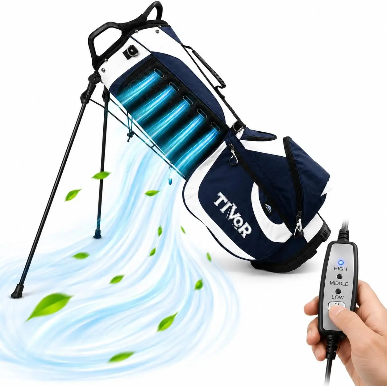 Polyester Lightweight 7-Way Golf Stand Bag - 5 Cooling Fans, 7 Pockets, for Walking Golfers (White, Blue)