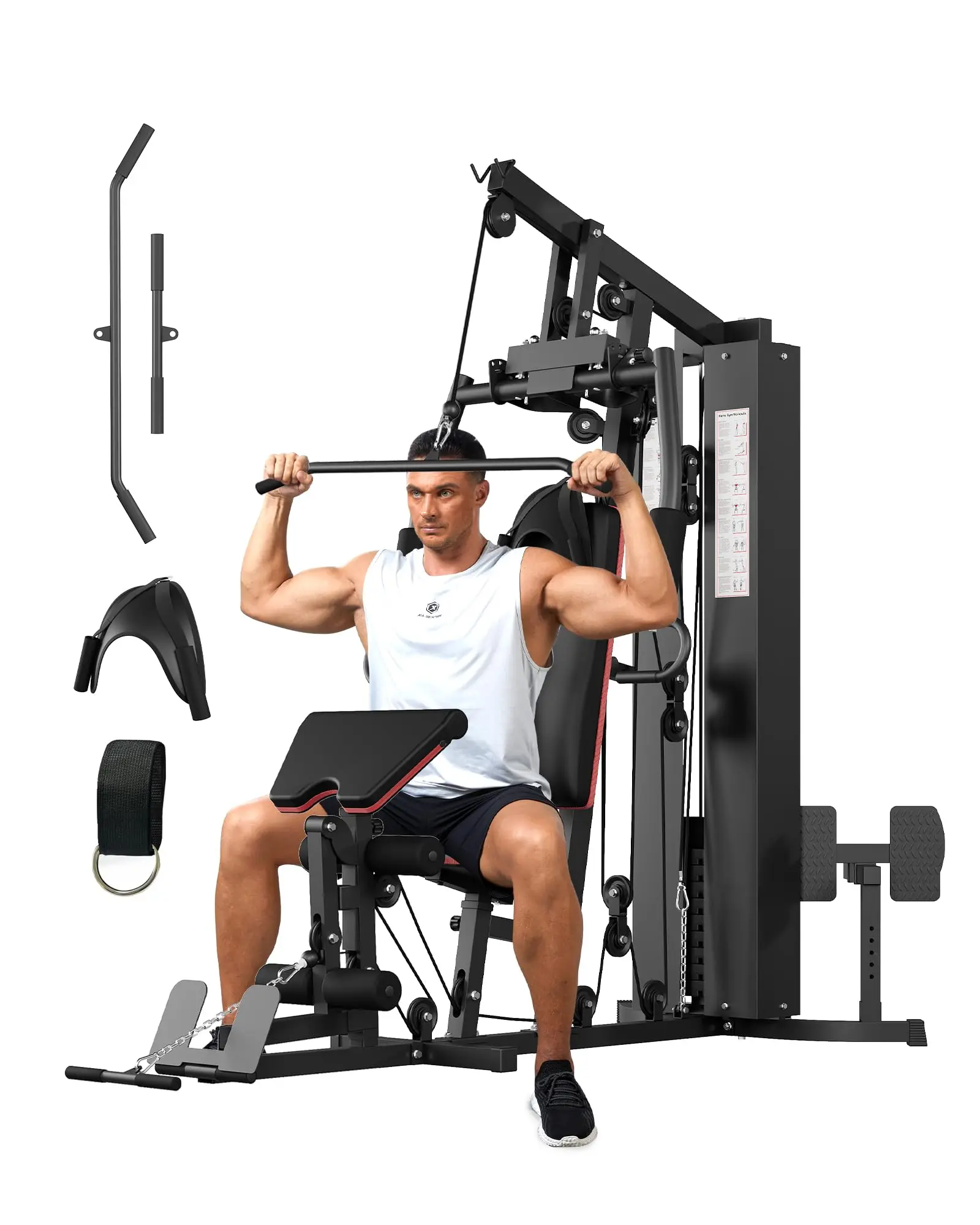150LBS Weight Stack Multifunctional Home Gym Machine - All-in-1 Indoor Full Body Workout Equipment with Preacher Curl Pad, Leg Developer, Lat Pulldown Bar, Leg Extension Attachment, Back Extension, Ankle Strap, 9+1 Weight Plates