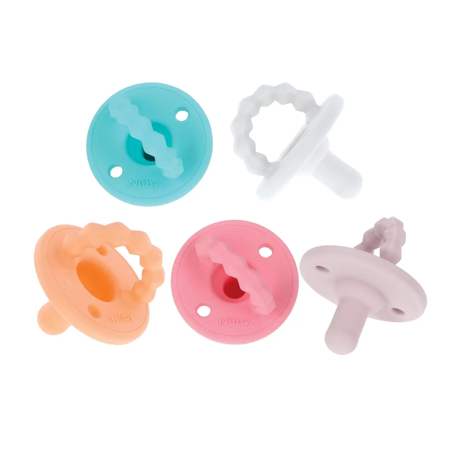 Nuby Pacifier & Teether Set for Baby, 5-Pack, BPA-Free Silicone with Textured Handle, Assorted Pastel Colors, Soothing Teething Relief, 0+ Months