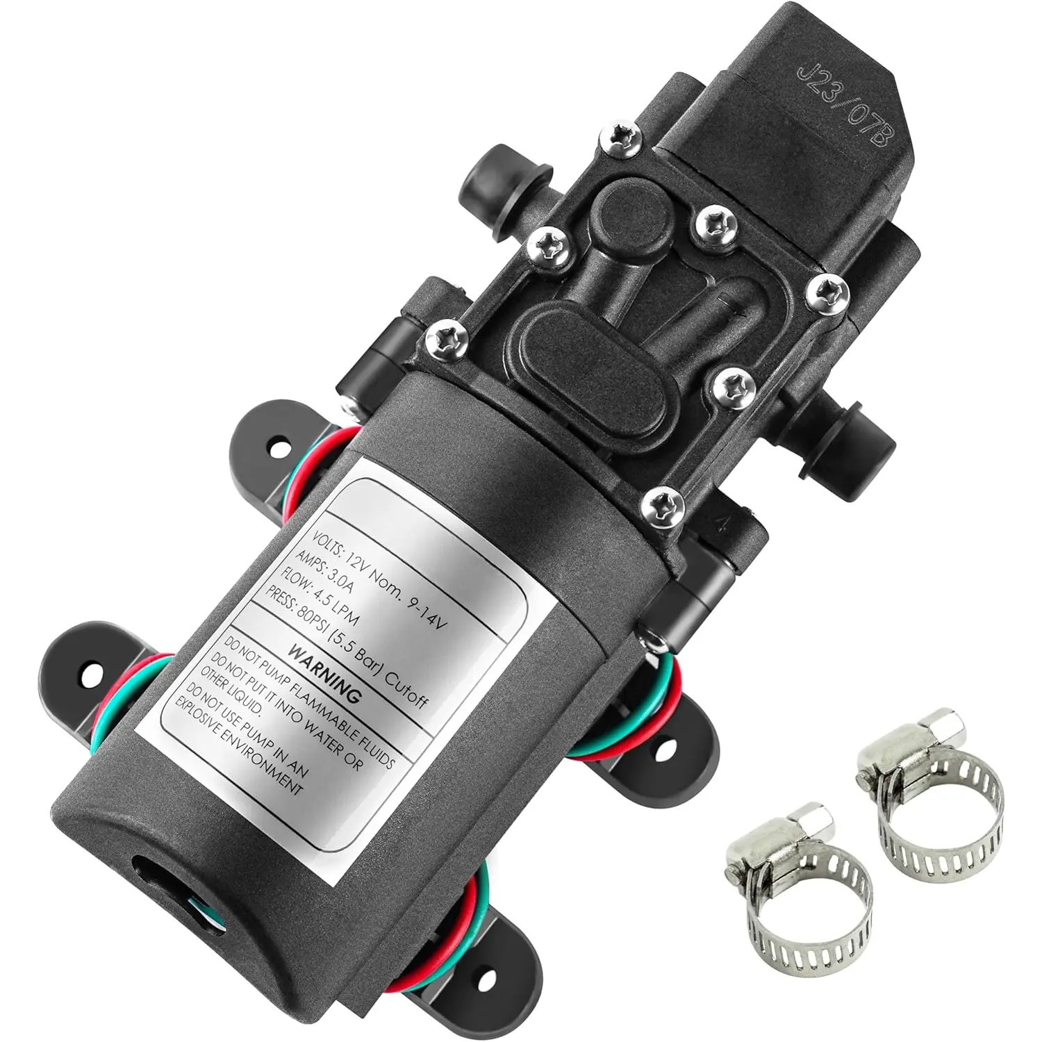 12V Diaphragm Water Pump - 1.2 GPM (4.5L/min) 80 PSI 36 W Self-Priming Garden Sprinklers Pump with 2 Tube Clamps - for RV, House Cleaning, Garden
