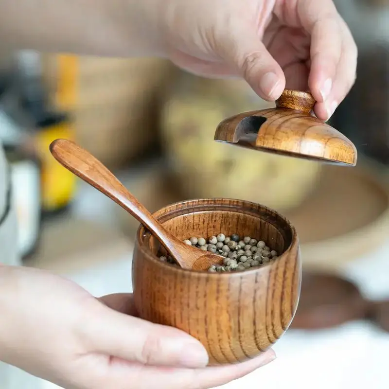 Wooden Seasoning Bowl with Spoon, 1 Count Creative Spice Seasoning Box with Lid, Seasoning Container for Home Kitchen Spice Containers, Kitchen Gadgets, Kitchenware