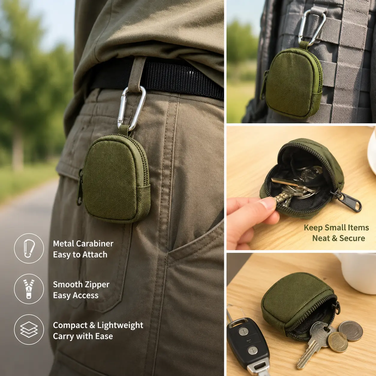 1 Count, Mini Zipper Storage Pouch with Metal Carabiner, Portable Small Carry Bag for Wireless Earphones, Coins, Keys and Tiny Daily Supplies