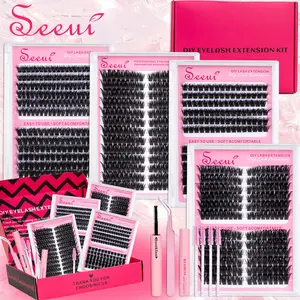 4 style Mixed D-Curl Eyelashes Clusters Kit, Dense Cat Eye/Fox Eye, 80/100/120D, Volume Lashes Clusters Lash Kit with Bond&Seal, Remover, Tweezers,Brushes, Individual Lash Clusters, Thick Lash Extensions DIY at Home Easily, False Eyelash Extensions