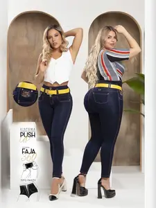 19-Jeans Colombianos - High Waisted Push Up Skinny Jeans with 360 Tummy Control Panty Shaper & Belt - Power Super Stretch Fabric - Azul Original