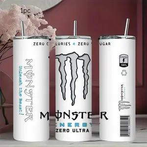 1pc 20oz Stainless Steel Insulated Mug, replicating the Monster Zero Ultra beverage bottle design. Straight-sided travel mug with a clear sliding lid and straw. Suitable for outdoor and indoor workouts, or as a personalized birthday/holiday gift