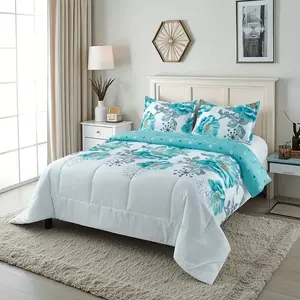 3-Piece Reversible Floral Quilt Set, Luxury Blue Flower Pattern, Soft Comfortable Bedding, Includes 1 Quilt and 2 Pillowcases