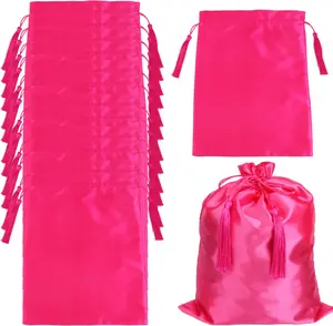 Pink Satin Drawstring Storage Bags with Tassel | Large Multipurpose Organizer for Wigs, Hair Bundles, Hair Extensions and Hair Tools