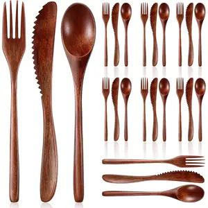 24 Pcs Wooden Utensils for Eating,Wooden Spoon Fork Knife Cutlery Set,Kitchen Wood Dinner Flatware Tableware Set Includes Spoon,Fork,Knife,Christmas Party Gifts,Hand Tools Kits