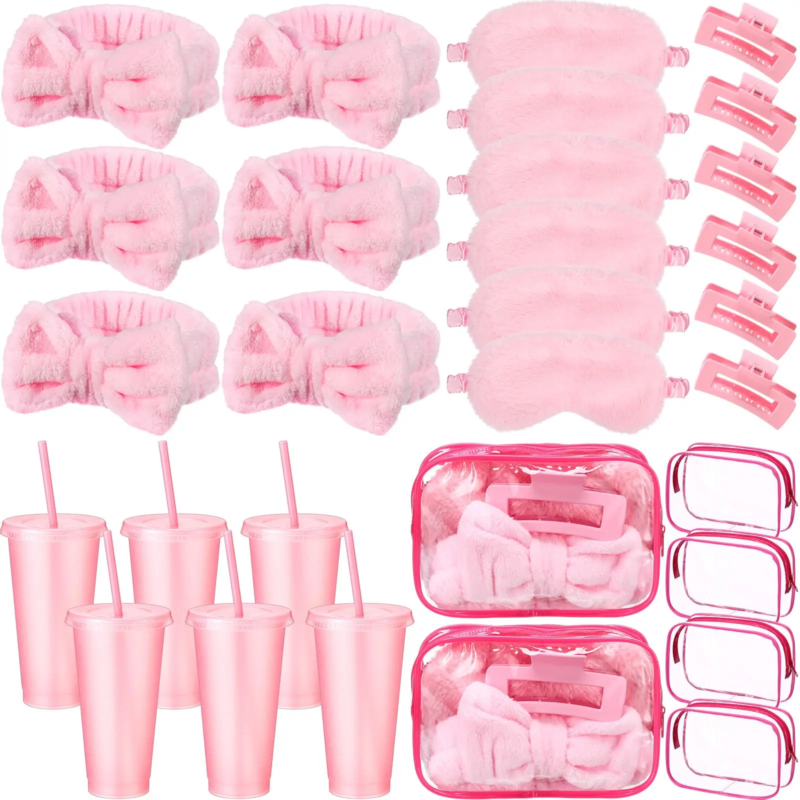 30 Pcs Spa Party Favor for Women Sleepover Party Supplies 6 Bow Headband 6 Eye Mask 6 Hair Clip 6 Cosmetic Bag 6 Glitter Plastic Cup for Adult Spa Birthday Bachelorette(Pink)