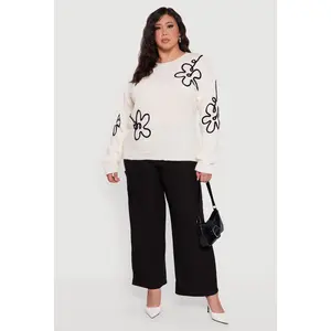Plus Size Brushed Knit Flower Embroidered Sweater